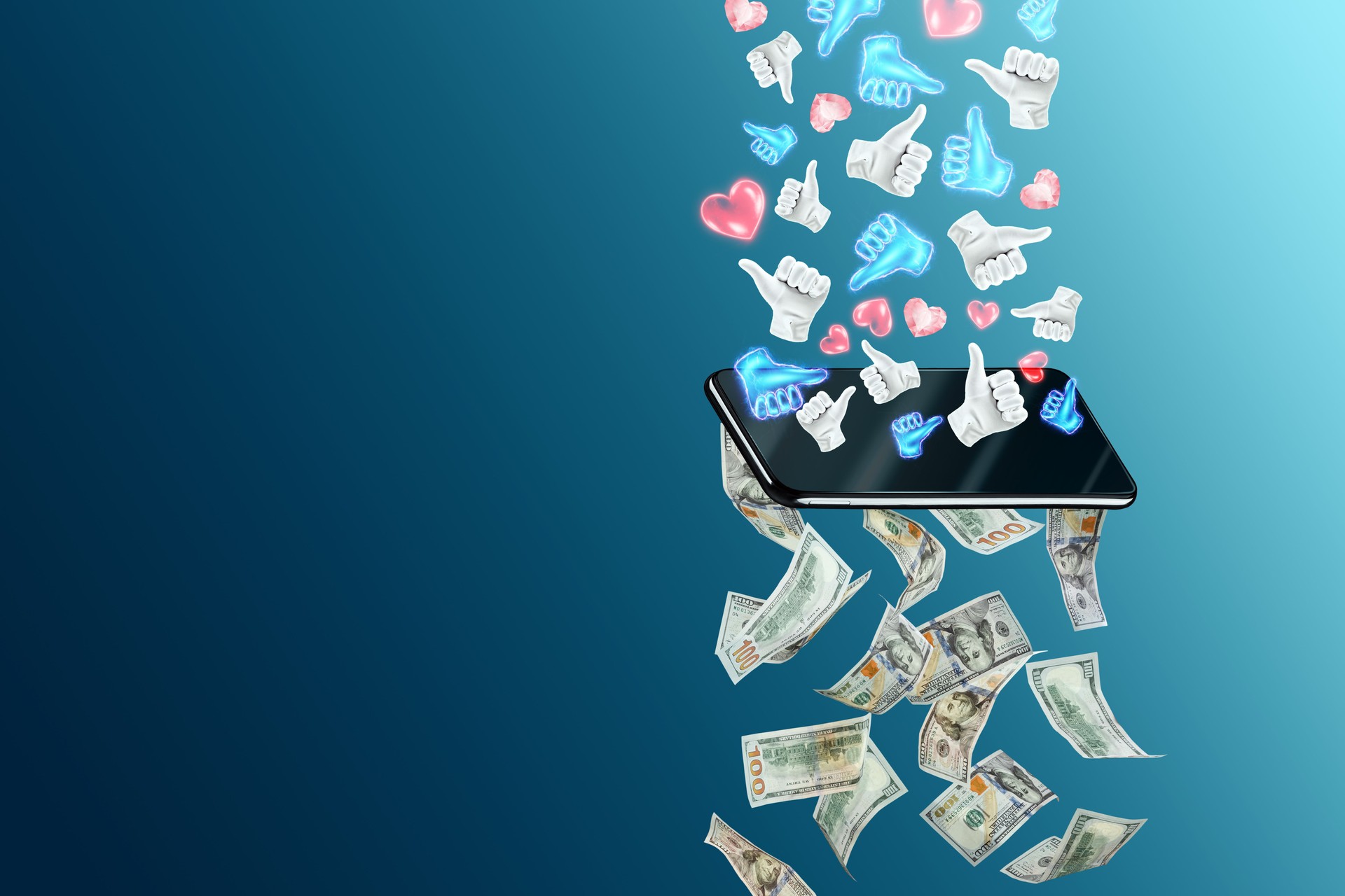 Content monetization, likes turn into dollars passing through the smartphone. The concept of new currency, social networks, freelancing, monetization of subscribers and followers.